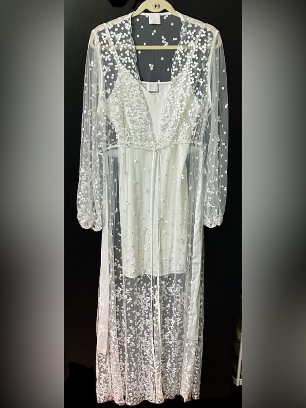 Le Rose Women’s Sheer Ivory Sequin-Embellished Long Robe with Balloon Sleeves XL